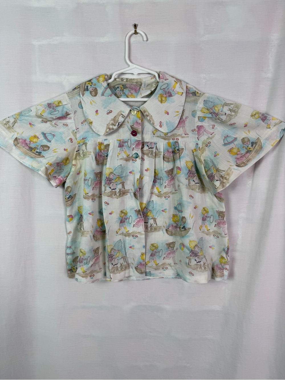 Vintage White Playful Graphic Print Button-Up Top Peter Pan Collar Med